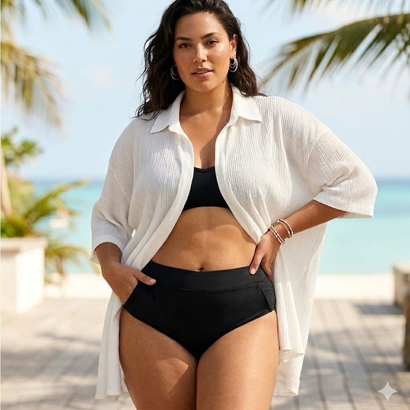 None Other - Textured White Viscose Open Front Top/Swim Cover Up | Size 1XL